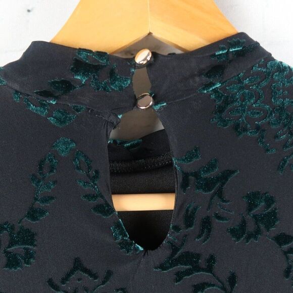 IRIS BLACK & TEAL VELVET BURNOUT FLORAL LONG SLEEVE HIGH NECK DRESS SIZE MEDIUM - Picture 10 of 11